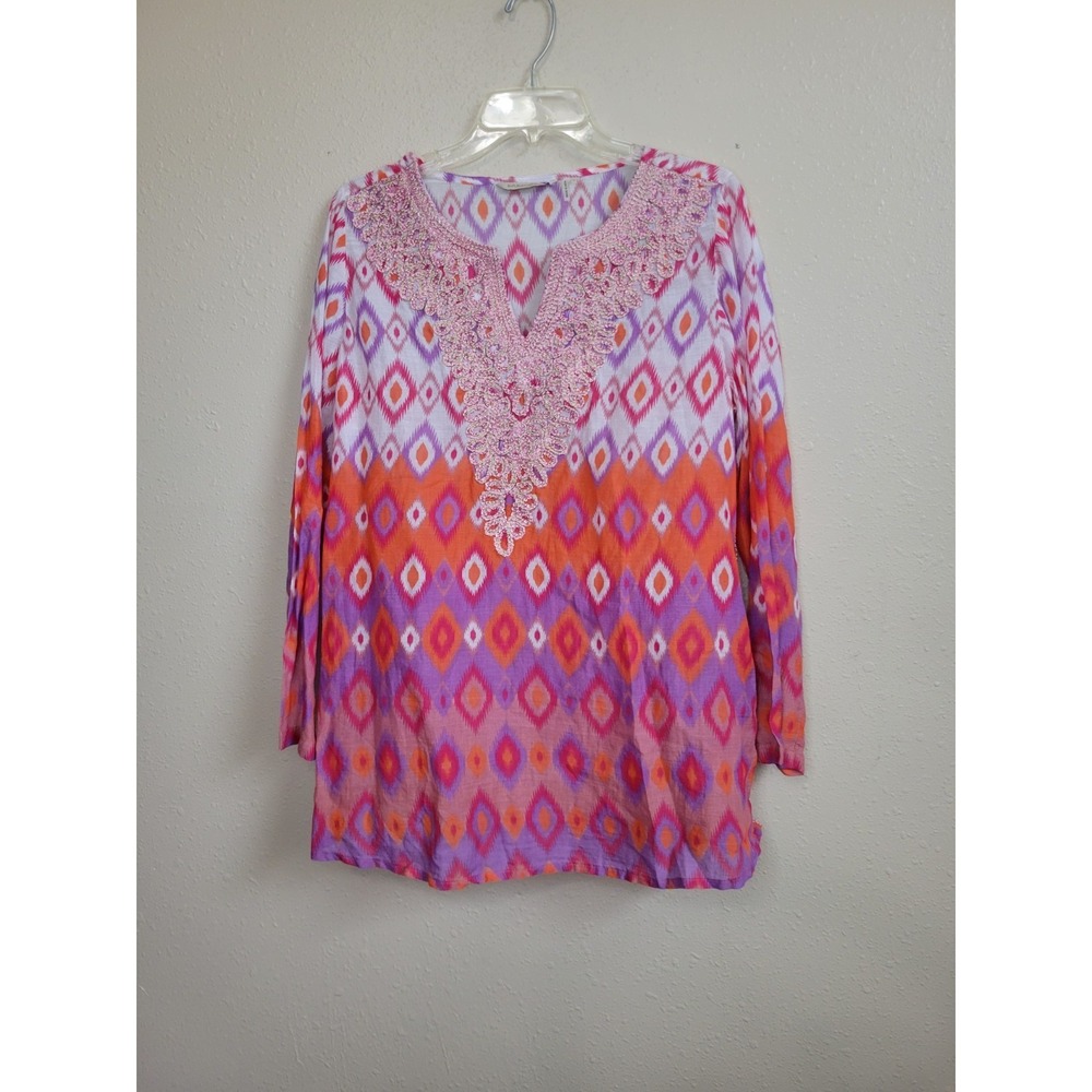 Soft Surroundings‎ Cats Eye Embellished Tunic Top Shirt Lightweight Sz M Boho